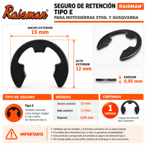 Seguro de retención tipo E Raisman® 15×12×0,95 mm para motosierras Stihl y Husqvarna
