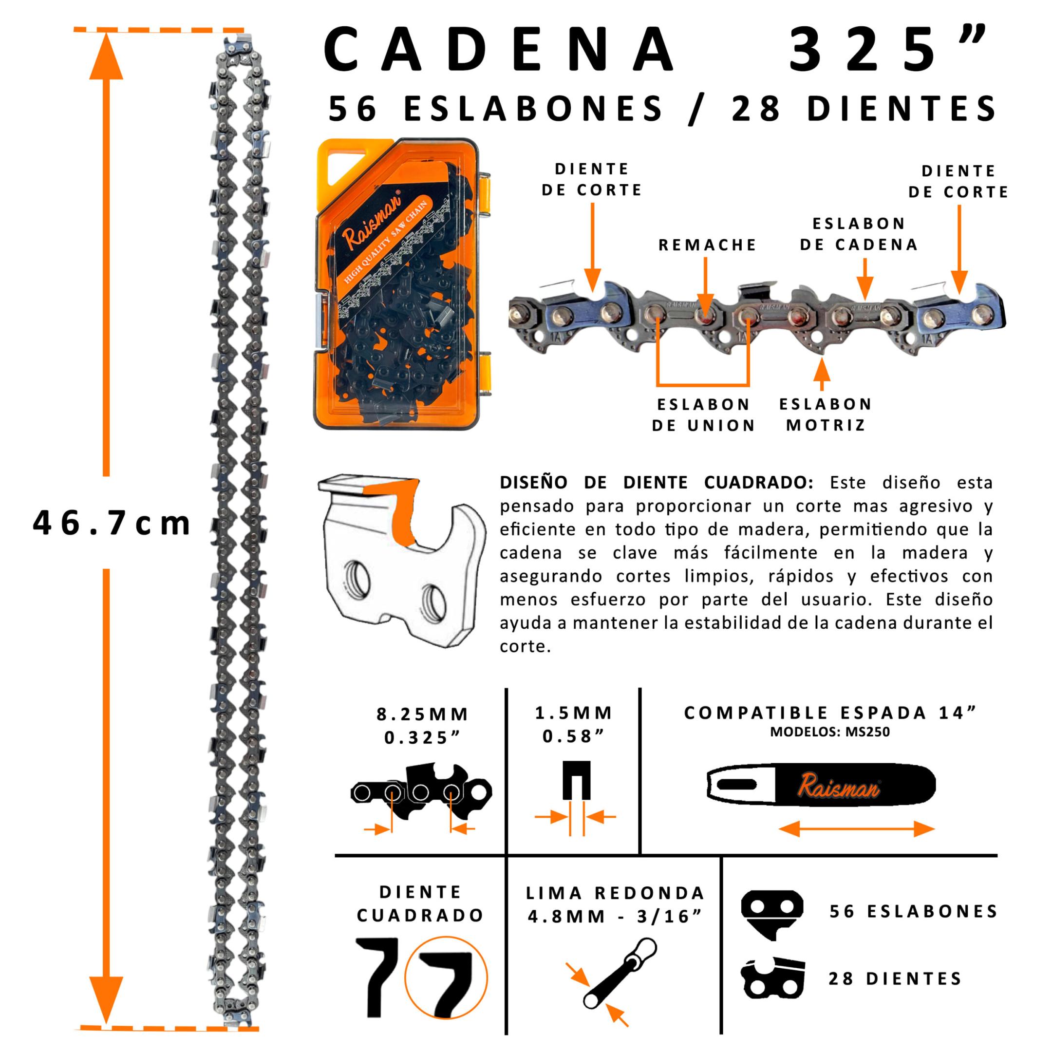 Cadena Raisman® 325 0.58 56 eslabones 28 dientes para motosierra Stihl MS250 espada 14", vista 2