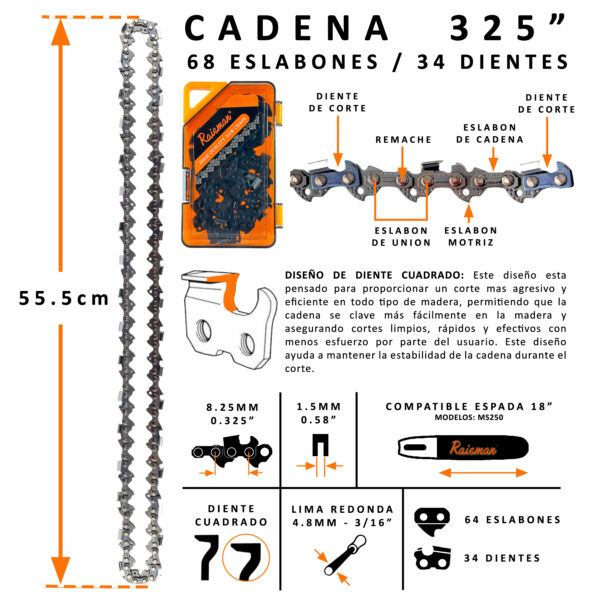 CADENA RAISMAN® 325" 0.58 68 ESLABONES 34 DIENTES PARA MOTOSIERRA STIHL MS250 - Imagen 2